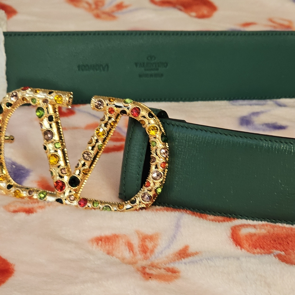 Valentino Emerald Green Leather Belt with Jeweled Gold V Buckle